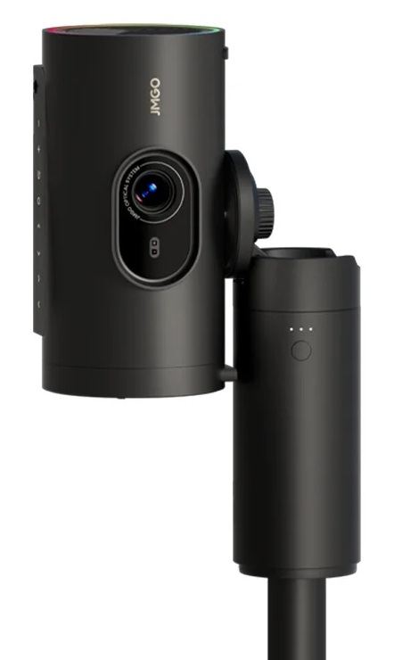 Czarny projektor na statywie. Posiada obiektyw, przyciski i światło na górze. Statyw również jest czarny.