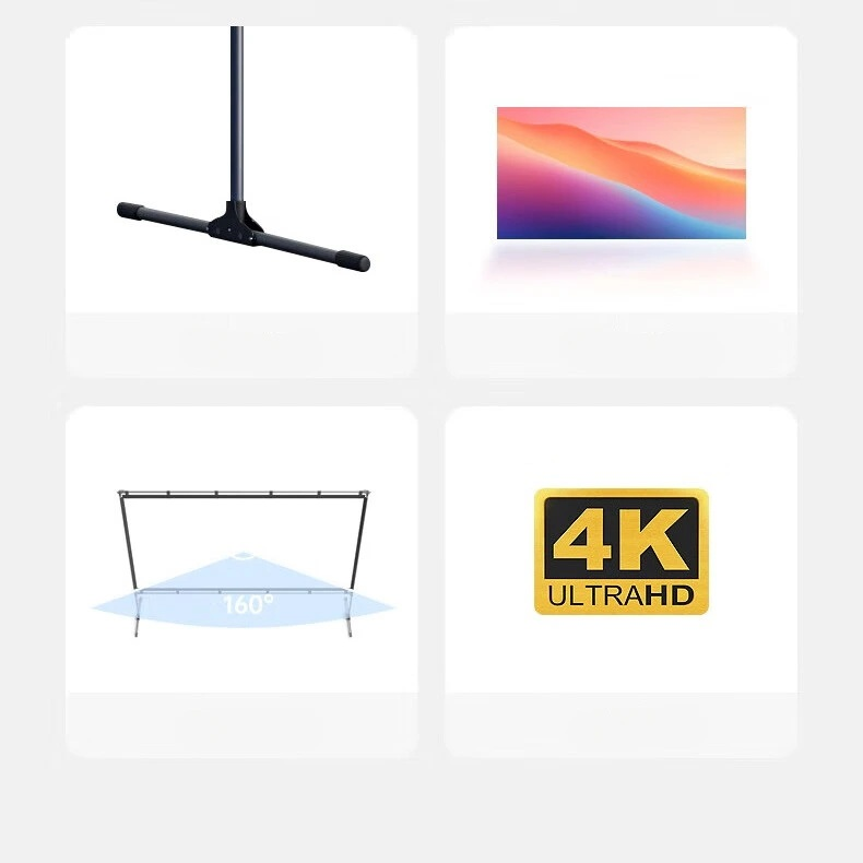 Cztery obrazy na białym tle: stojak w kształcie litery T, kolorowe tło gradientowe, ekran projekcyjny i logo 4K Ultra HD.