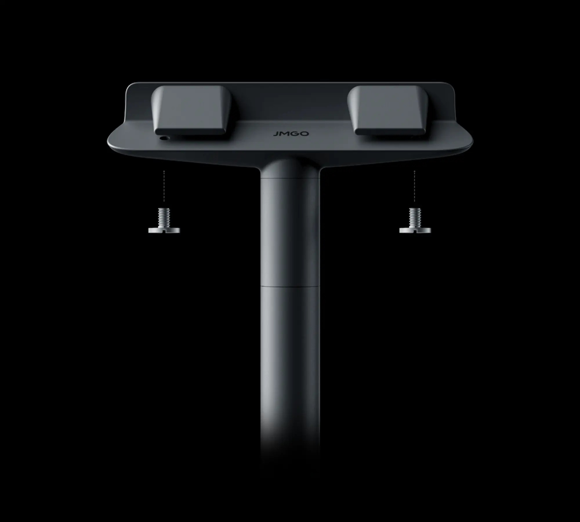 Ciemnoszary stojak z dwiema kwadratowymi częściami na górze, długim słupem i dwiema wiszącymi śrubami. Tło jest czarne.