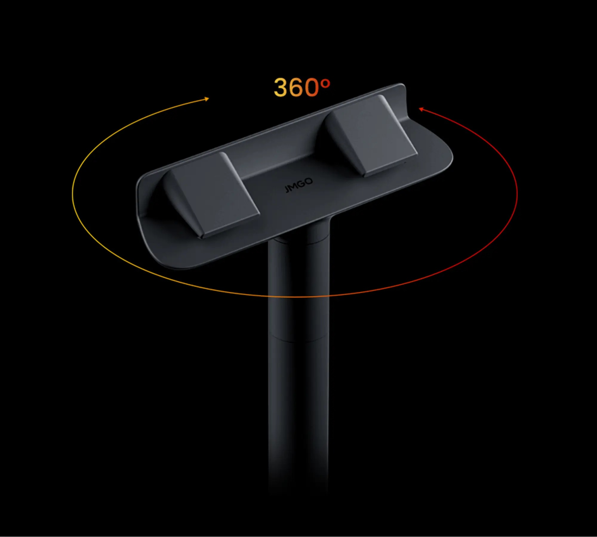 Czarny stojak z obrotem 360 stopni. Ma płaski wierzch z dwoma podniesionymi sekcjami i cylindryczną podstawą.