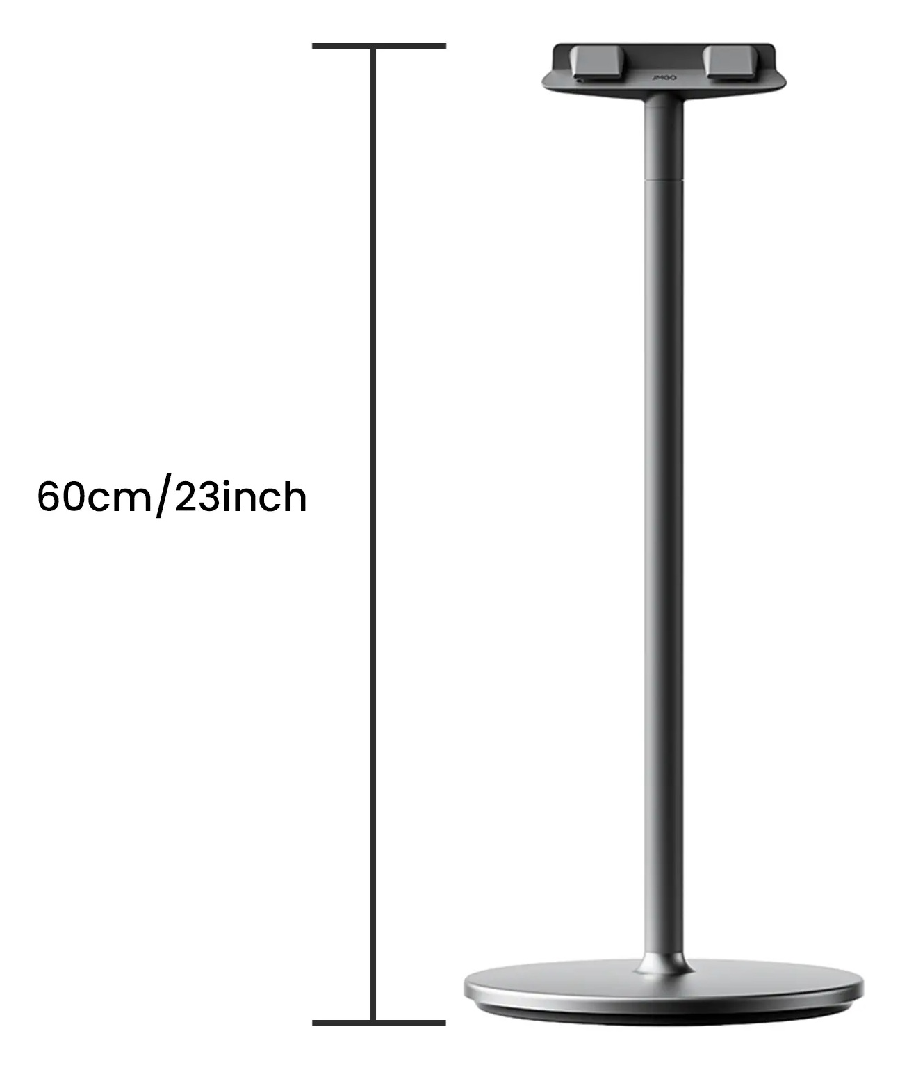 Srebrny stojak na słuchawki z okrągłą podstawą i pionowym słupem. Linia 60 cm pokazuje wysokość.