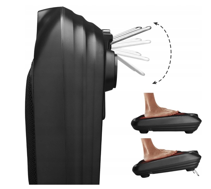 Czarny masażer do stóp ze stopą na nim. Schemat pokazuje przechylanie masażera. Stopa na masażerze w dwóch pozycjach. Białe tło.