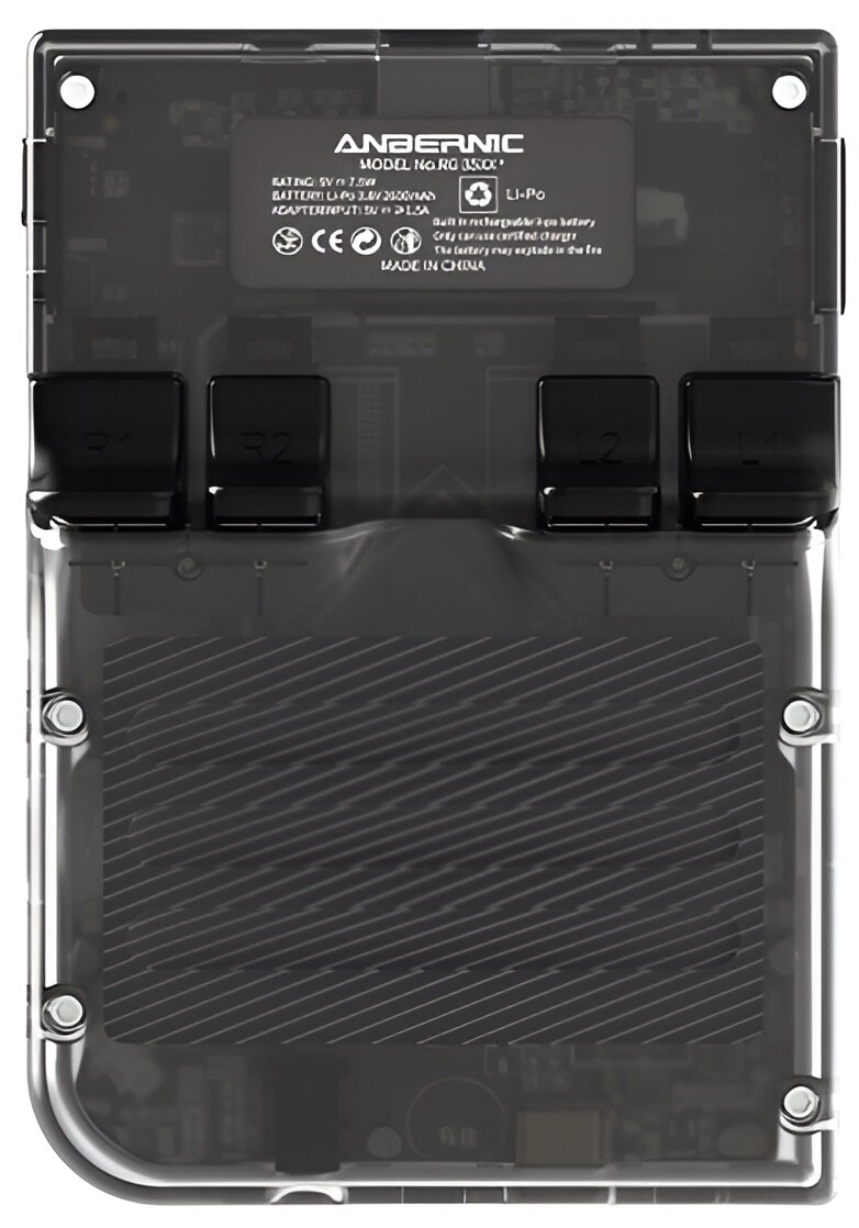 Przezroczysta konsola do gier, widoczne elementy wewnętrzne. Przyciski R1, R2, L2 i L1. Logo Anbernic.