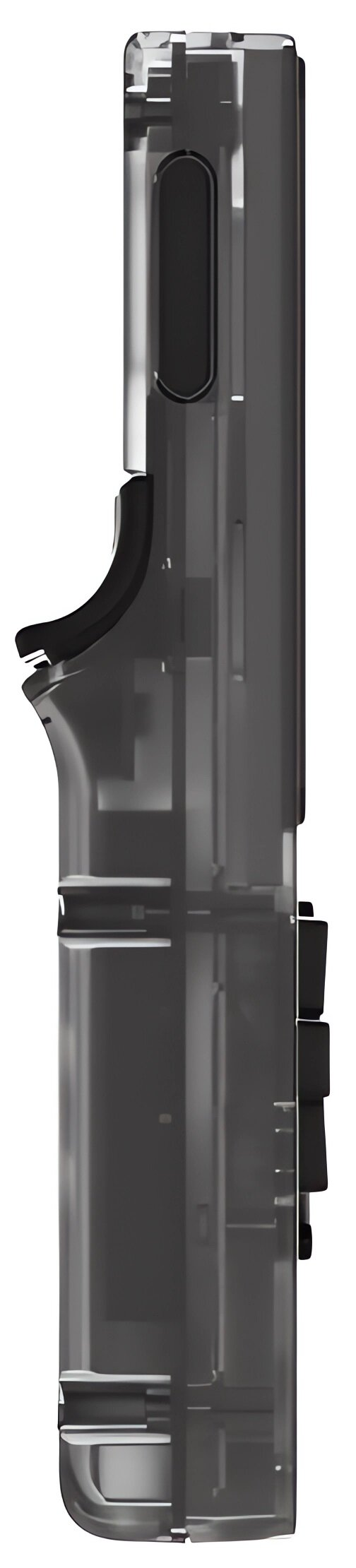 Zbliżenie częściowo przezroczystego, ciemnoszarego urządzenia, być może obudowy, z czarnymi detalami.