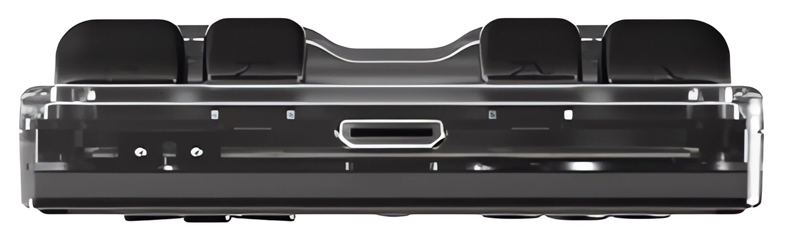 Zbliżenie czarnego urządzenia z czterema podniesionymi, zaokrąglonymi sekcjami. Ma przezroczysty korpus i port.