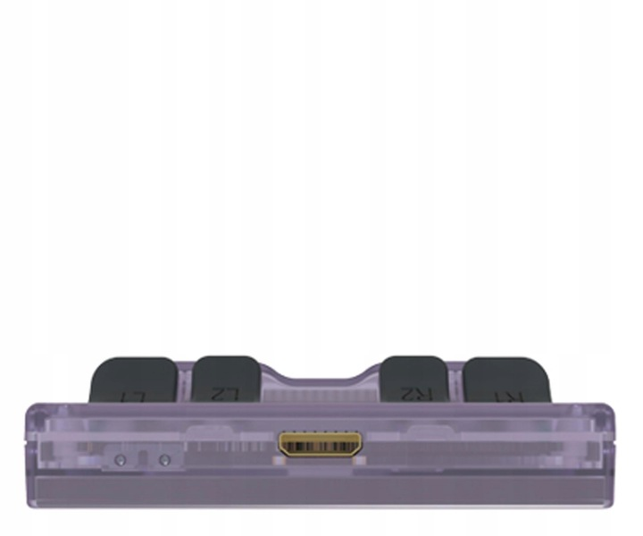 Przezroczyste, fioletowe urządzenie elektroniczne z czterema czarnymi przyciskami oznaczonymi L1, L2, R2 i R1. Ma złoty port i znajduje się na białym tle.