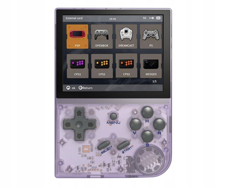 Fioletowe, przenośne urządzenie do gier z ekranem wyświetlającym ikony systemów gier. Przyciski i krzyżak są widoczne pod ekranem.