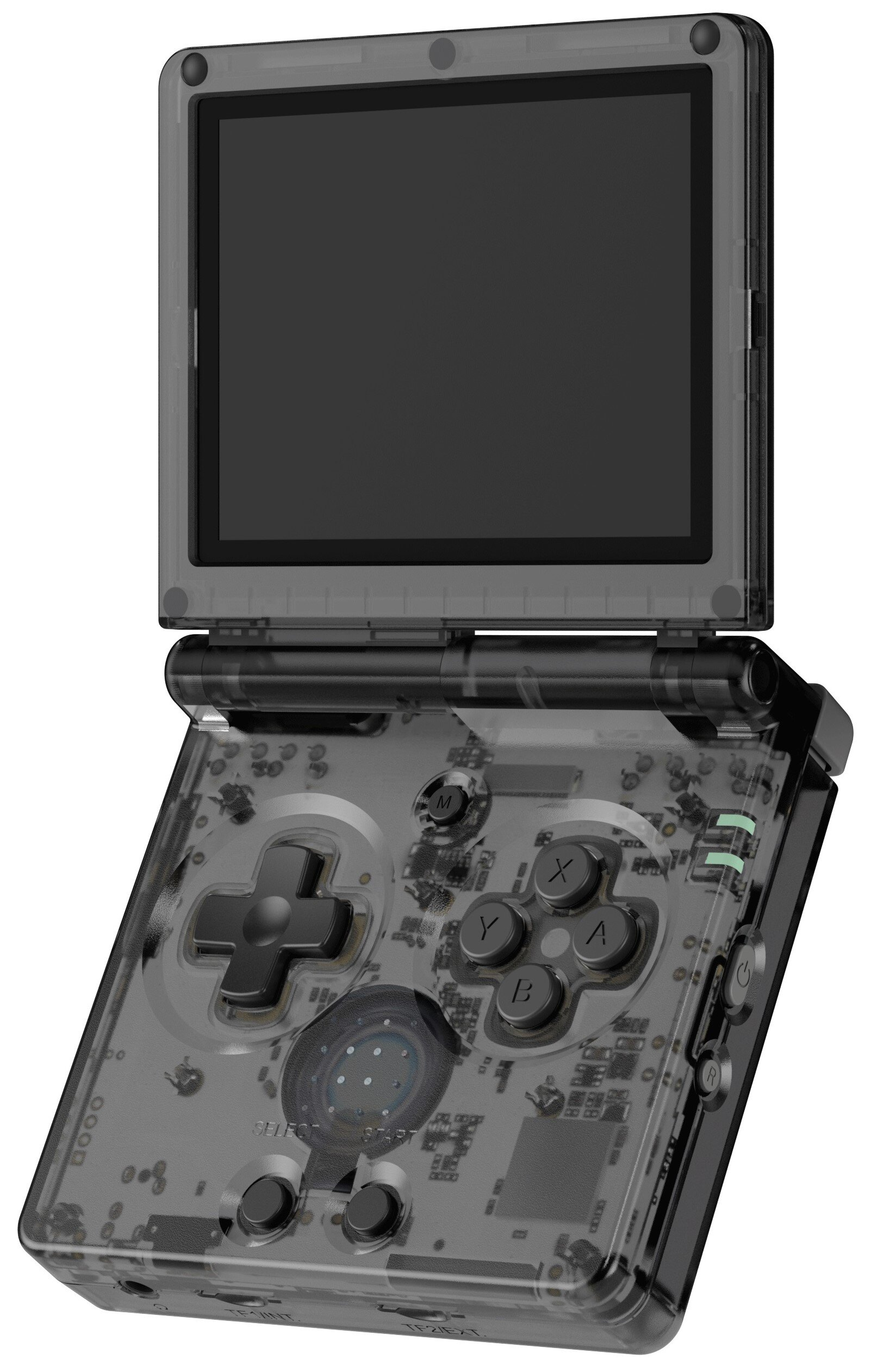 Pokazano przezroczysty Game Boy Advance SP. Ma ekran i przyciski, w tym krzyżak oraz przyciski A, B, X i Y.