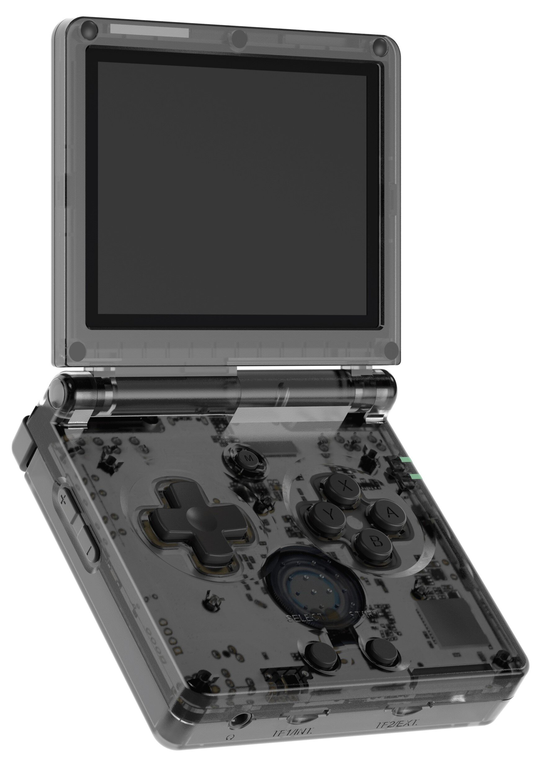 Przezroczysty Game Boy Advance SP, pokazujący elementy wewnętrzne. Ma ekran, przyciski i krzyżak.