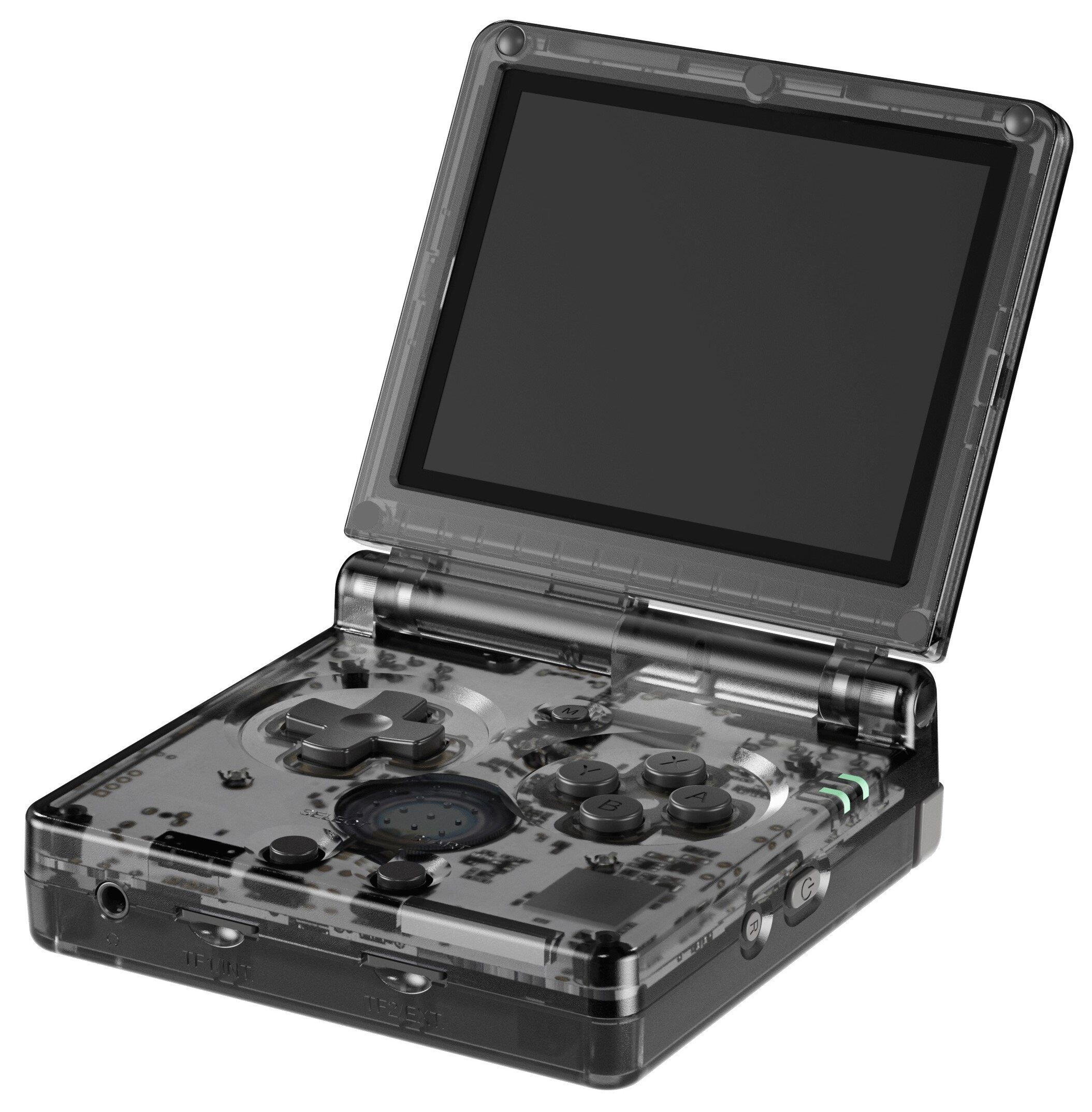 Przezroczysty Game Boy Advance SP, otwarty, pokazujący ekran i przyciski. Urządzenie jest szare i ma czarny ekran.