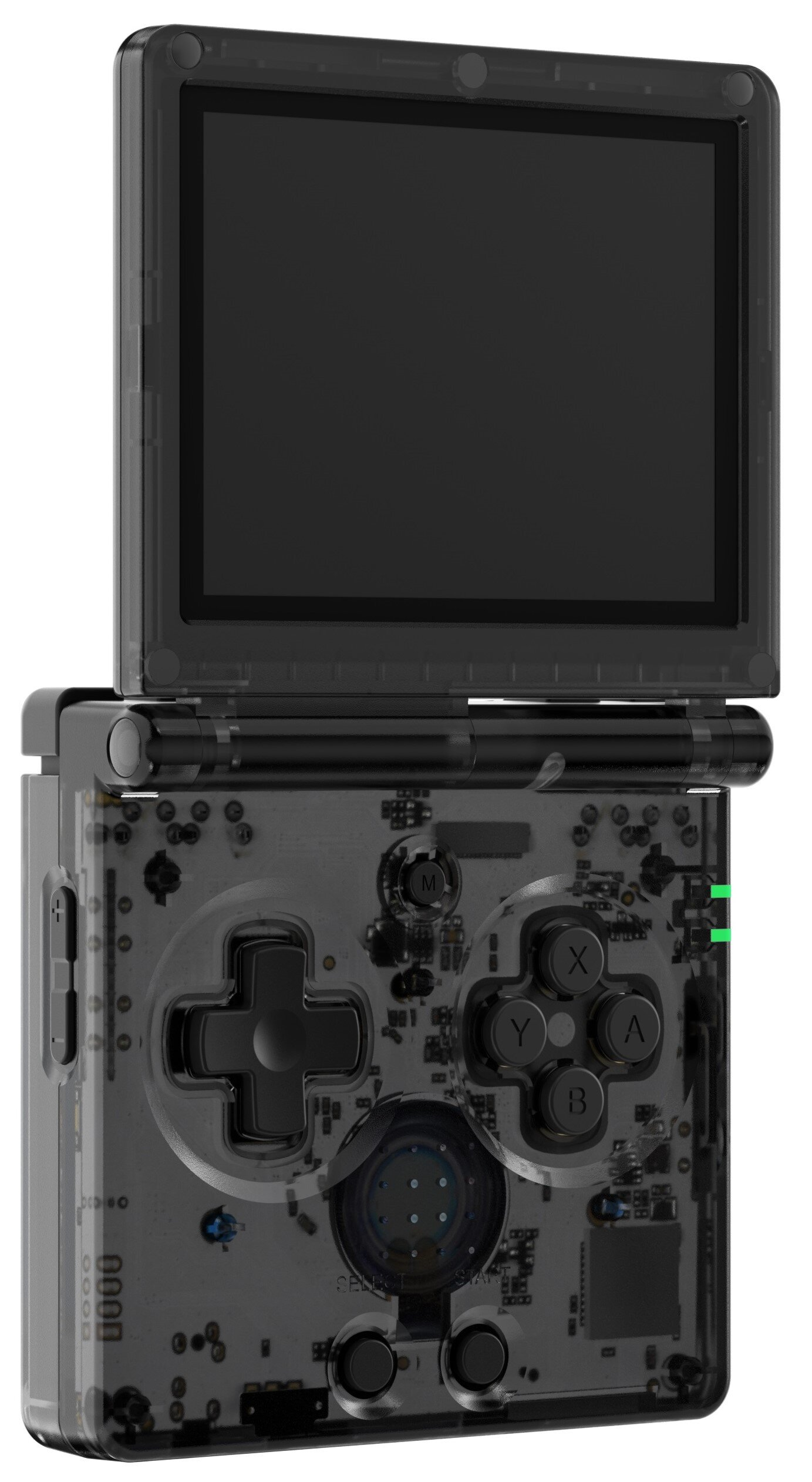 Pokazana jest przezroczysta czarna konsola do gier przenośnych, z widocznymi elementami wewnętrznymi. Ekran jest otwarty. Widoczne są przyciski i elementy sterujące.