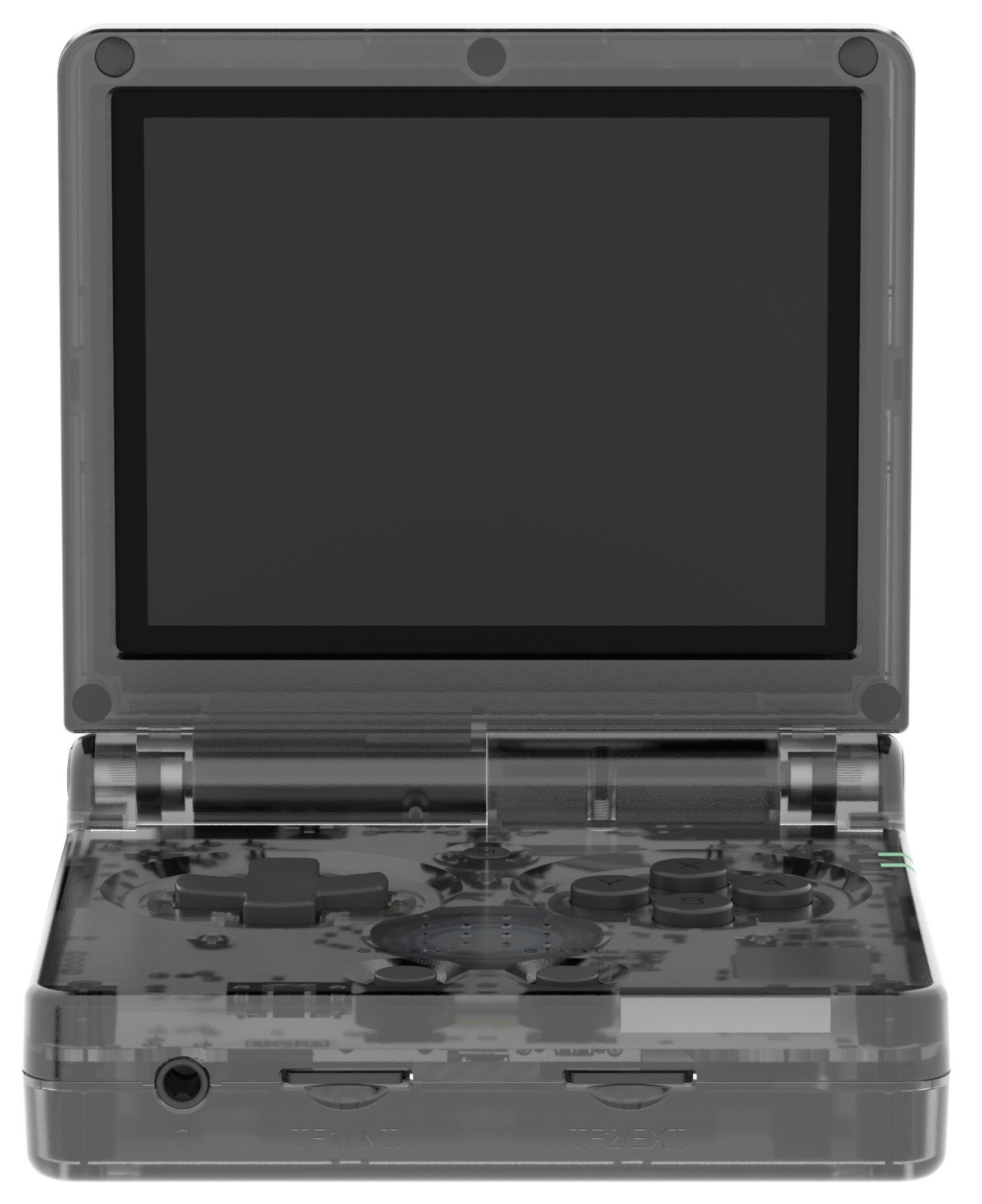 Przezroczysta szara konsola do gier przenośnych, otwarta i skierowana do przodu. Posiada ekran i widoczne przyciski. Design jest nowoczesny.