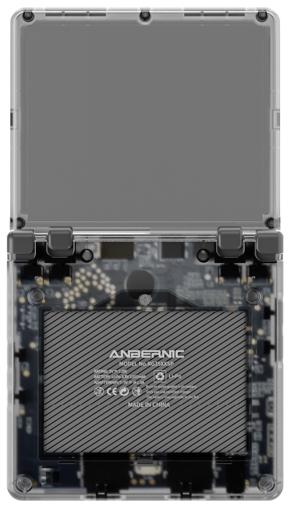 Przezroczysta konsola do gier przenośna, otwarta, pokazująca elementy wewnętrzne. Widoczny ekran i przyciski, wraz z baterią i obwodami.