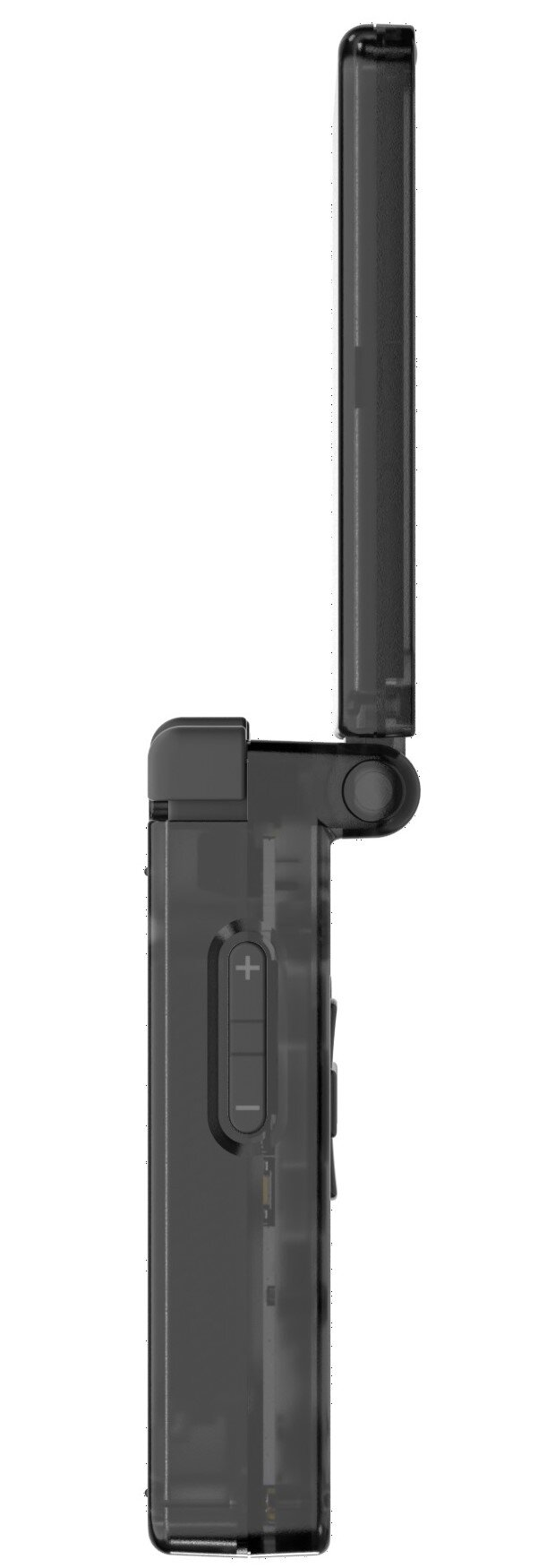 Przezroczysty szary telefon z klapką jest otwarty, pokazując regulację głośności. Tło jest białe.