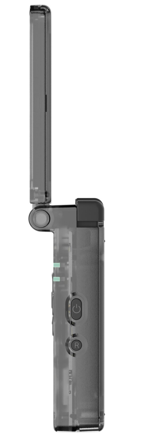 Widok z boku przezroczystej, szarej konsoli do gier przenośnych. Widoczne są przyciski zasilania i R. Górny ekran jest otwarty.