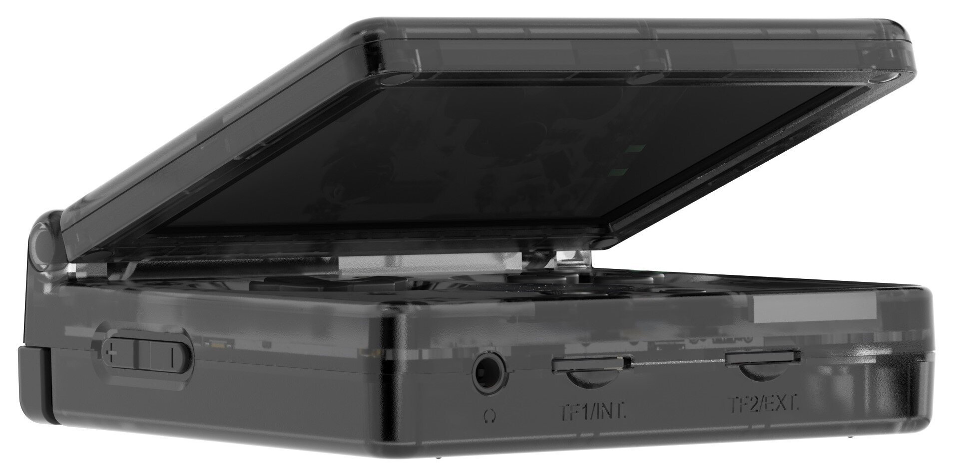 Przezroczysta czarna konsola do gier przenośna, z otwartym ekranem. Widoczne są szczegóły portów i przycisków.