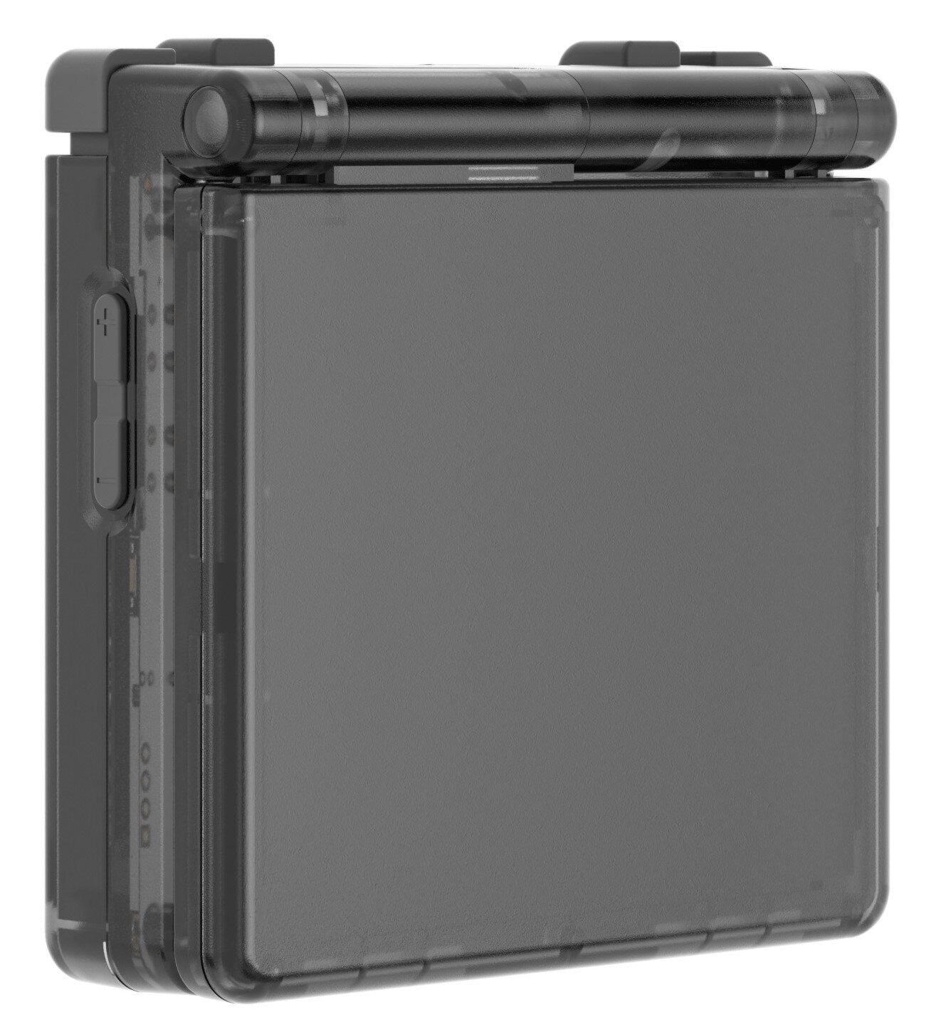 Przezroczyste, szare, prostokątne urządzenie z otwieraną górą i przyciskami z boku. Ekran jest ciemnoszary.