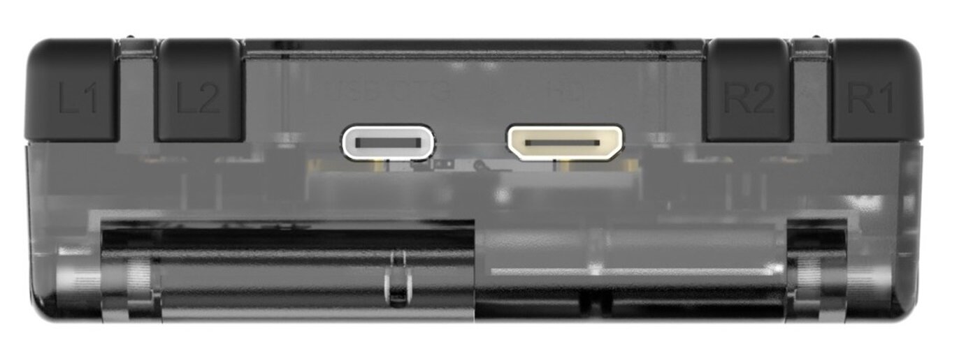 Przezroczyste urządzenie do gier przenośnych. Widoczne są przyciski L1, L2, R2, R1 oraz porty USB-C i HD.