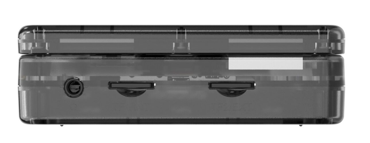 Przezroczyste, ciemnoszare urządzenie elektroniczne z widocznymi portami i gniazdem słuchawkowym. Ma prostokątny kształt i pokrywę.