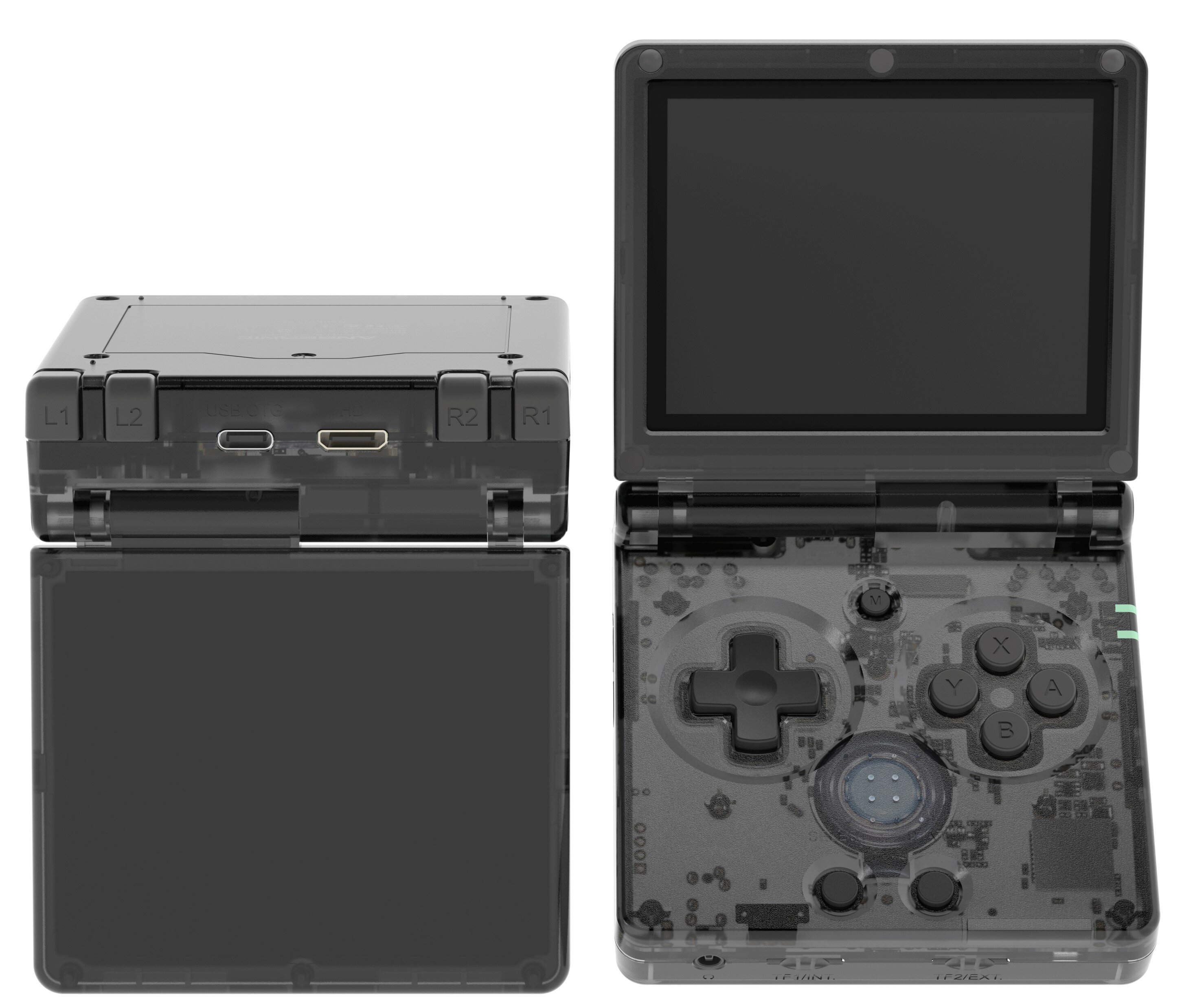 Przezroczysty Game Boy. Górna część jest otwarta, odsłaniając przyciski i ekran. Dolna część jest zamknięta.