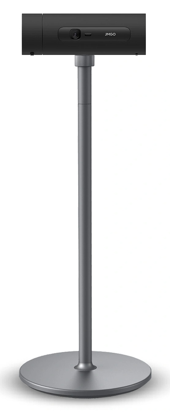 Czarny projektor JMGO jest zamontowany na szarej podstawie. Podstawa ma okrągłą podstawę i cylindryczny słup.