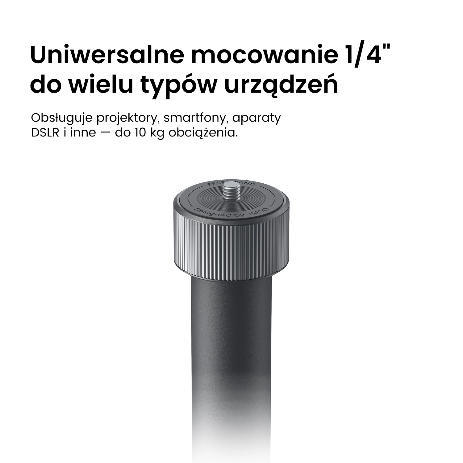 Zbliżenie srebrno-szarego mocowania do aparatu z tekstem. Mocowanie znajduje się na białym tle. Tekst jest w języku polskim.