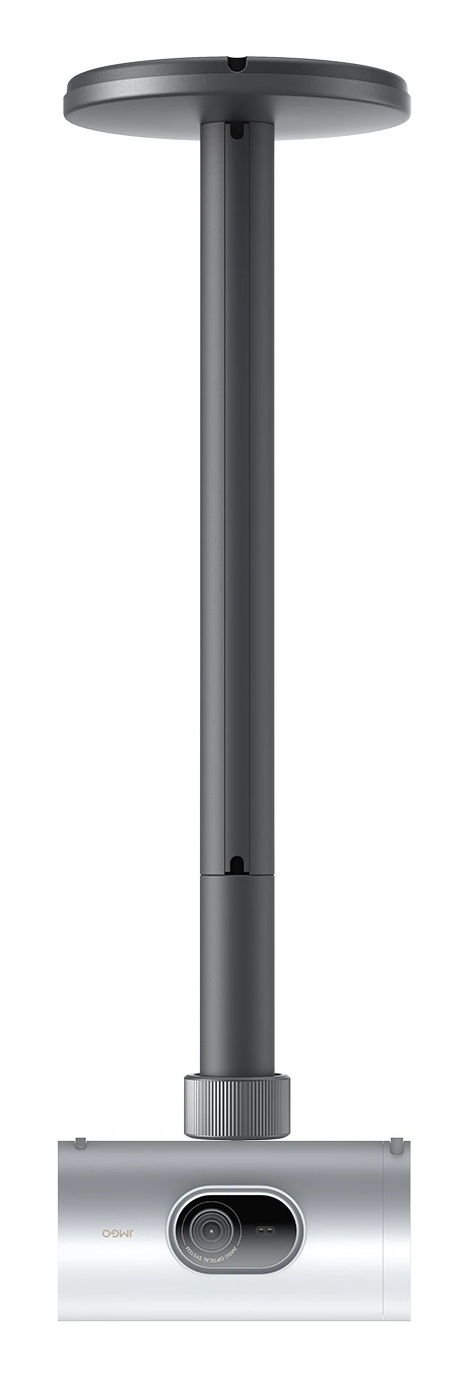 Ciemnoszara kamera sufitowa. Ma okrągłą podstawę, długi pręt i moduł kamery u dołu.