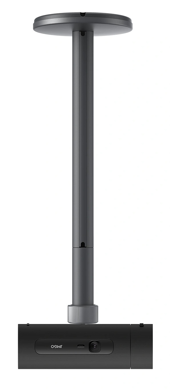 Ciemnoszary projektor sufitowy. Ma okrągłą podstawę, długi słupek i prostokątny projektor na dole.