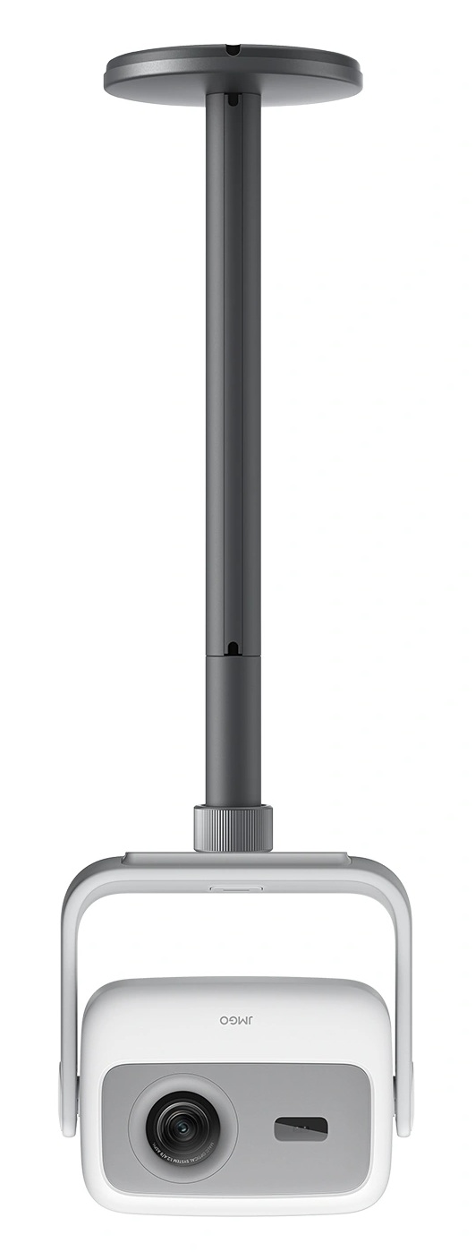 Biały projektor z obiektywem i logo jest zamontowany na suficie. Jest połączony srebrną ramą i szarym słupem.