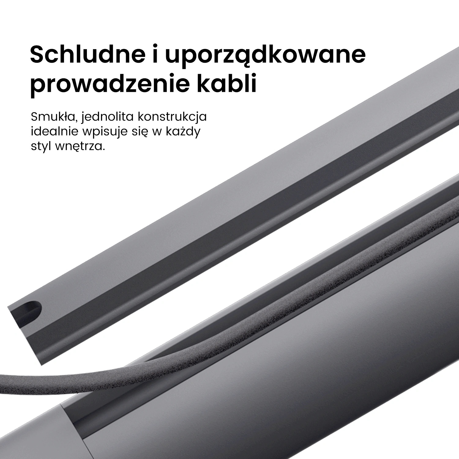 Zbliżenie systemu zarządzania kablami. Szare metalowe kanały z ciemnoszarym kablem. Tekst: 'Czyste i uporządkowane zarządzanie kablami'.