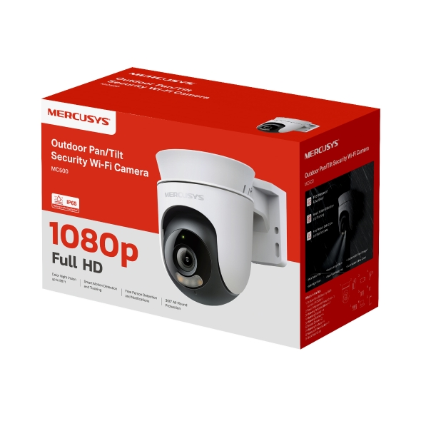 Biało-czarna kamera Wi-Fi Mercusys jest wyświetlana na czerwonym pudełku. Jest to kamera Full HD 1080p z różnymi funkcjami.