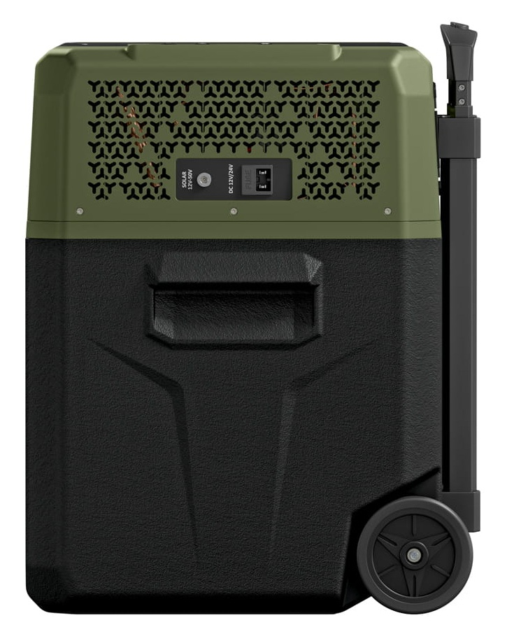 Czarno-zielona przenośna stacja zasilania. Ma koła, uchwyt i panel sterowania. Tył posiada wentylację i etykiety.