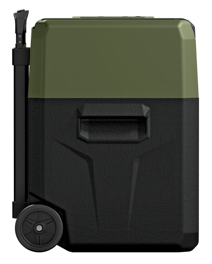 Czarna i oliwkowozielona chłodziarka z uchwytem, kołami i teleskopowym uchwytem. Chłodziarka na białym tle.