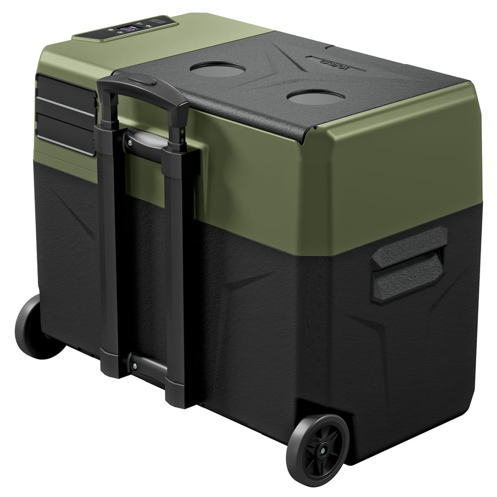 Czarno-oliwkowa lodówka turystyczna Igloo z kółkami i chowanym uchwytem na białym tle.