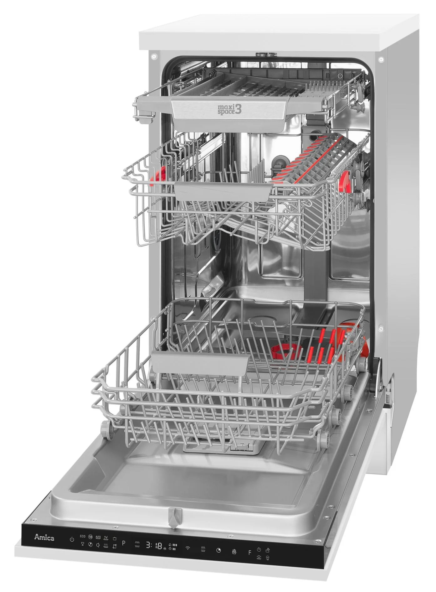 Otwarta zmywarka pokazująca trzy kosze. Srebrne kosze z czerwonymi klipsami. Panel sterowania na dole z logo Amica.