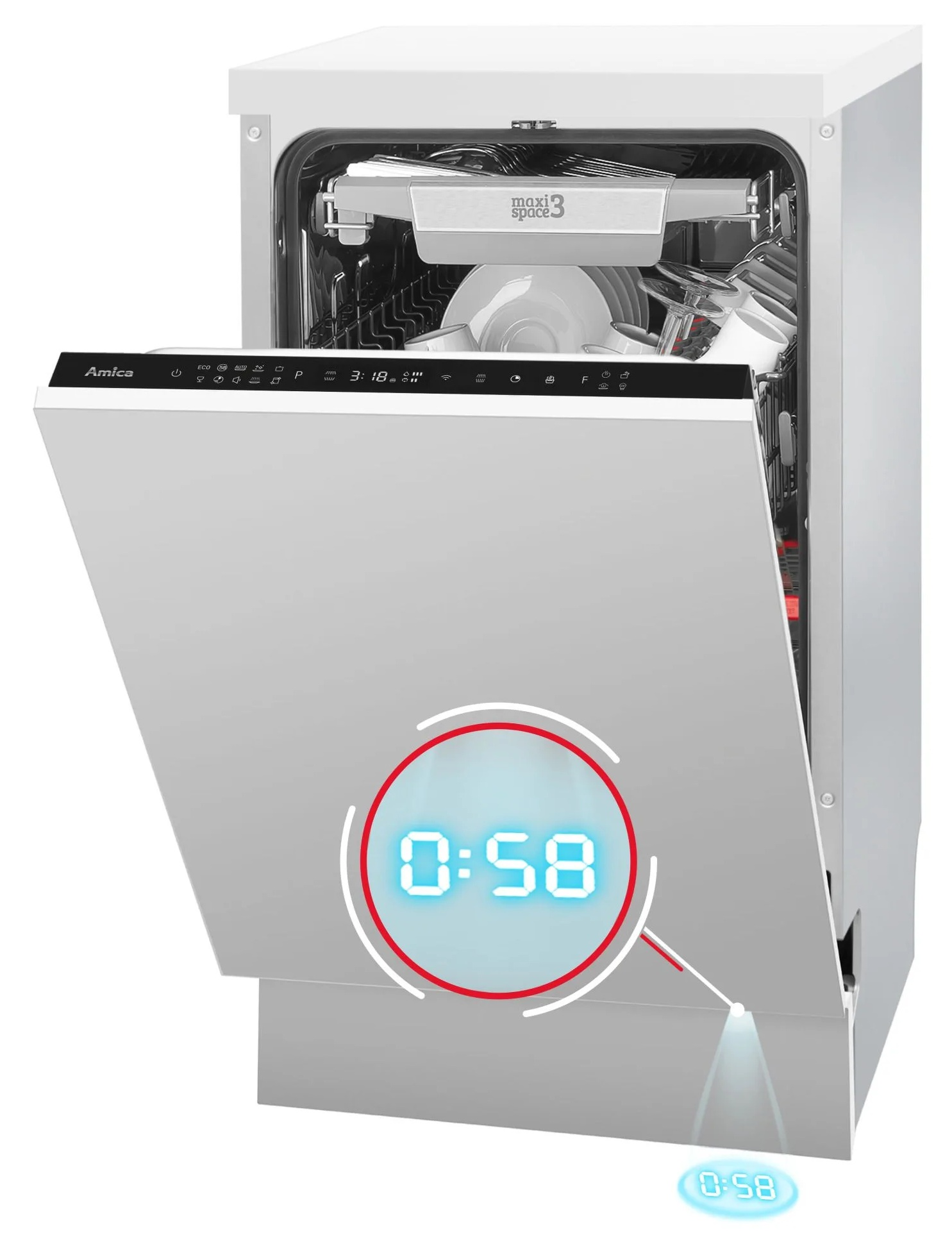 Biała zmywarka z otwartymi drzwiami, pokazująca wnętrze z naczyniami. Timer pokazuje 0:58.