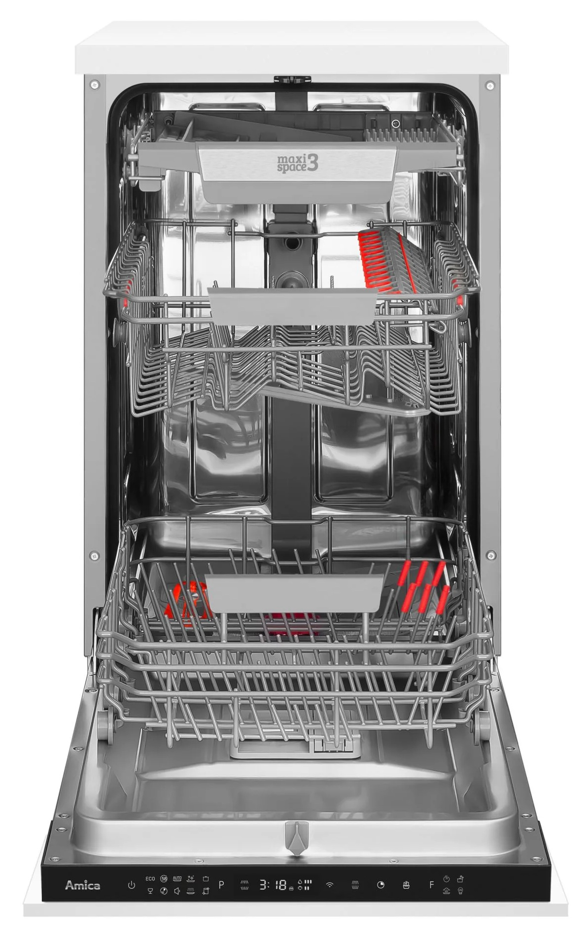 Otwarty wnętrze zmywarki. Srebrne kosze, czerwone akcenty i panel sterowania na dole. Logo Amica.