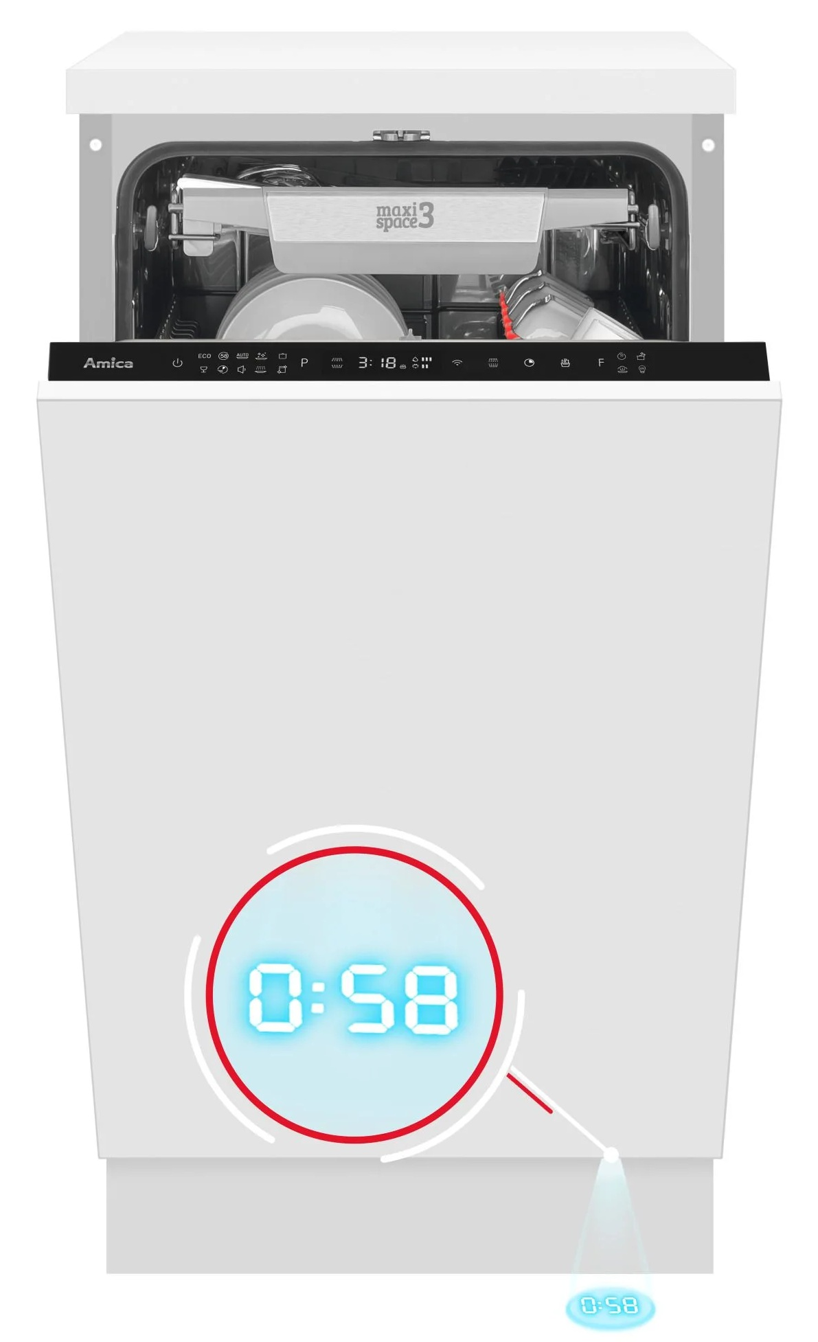 Biała zmywarka z otwartymi drzwiami. Zegar pokazuje 0:58. Wewnątrz widoczne naczynia. Marka Amica.