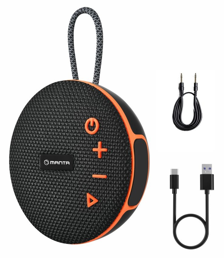 Czarny i pomarańczowy głośnik Manta z kablami. Głośnik ma przyciski zasilania i głośności. Kable to USB-C, USB i gniazdo audio.