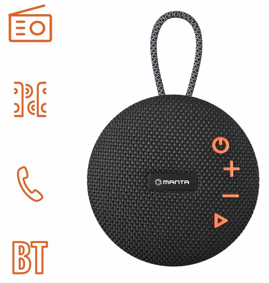 Czarny okrągły głośnik z pomarańczowymi przyciskami i czarno-białym paskiem. Pomarańczowe ikony radia, fal dźwiękowych, telefonu i BT.