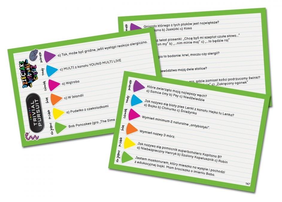 Karty z pytaniami quizowymi. Gra zawiera kategorie takie jak zwierzęta, ludzie i świat. Karty są zielone z białym tekstem.