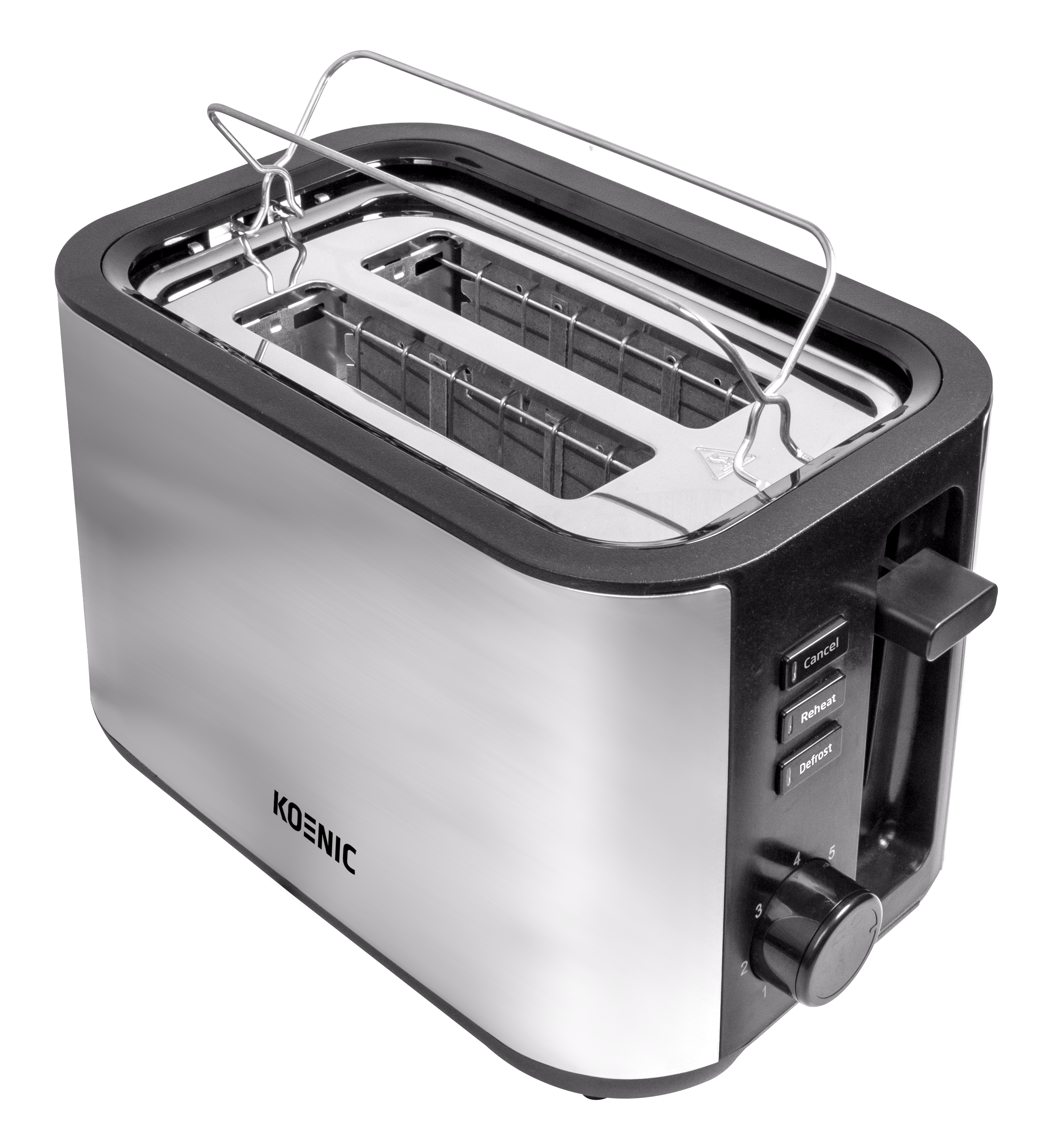 Srebrny toster z czarnymi akcentami. Posiada pokrętło, przyciski i ruszt do podgrzewania. Marka to Koenic.