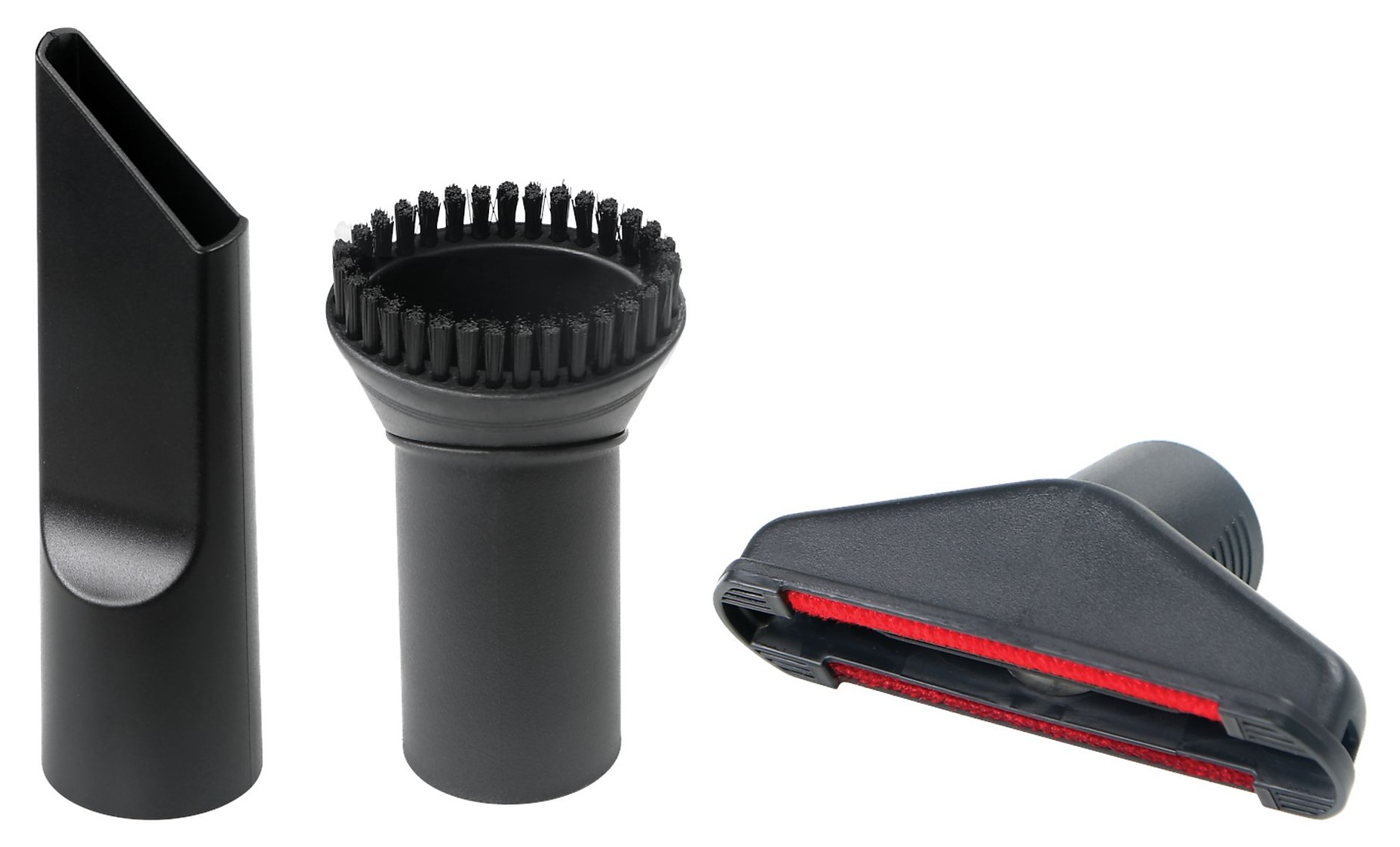 Trzy czarne nasadki do odkurzacza są wyświetlane na białym tle. Jeden jest długi i cienki, drugi ma włosie, a trzeci jest płaski.