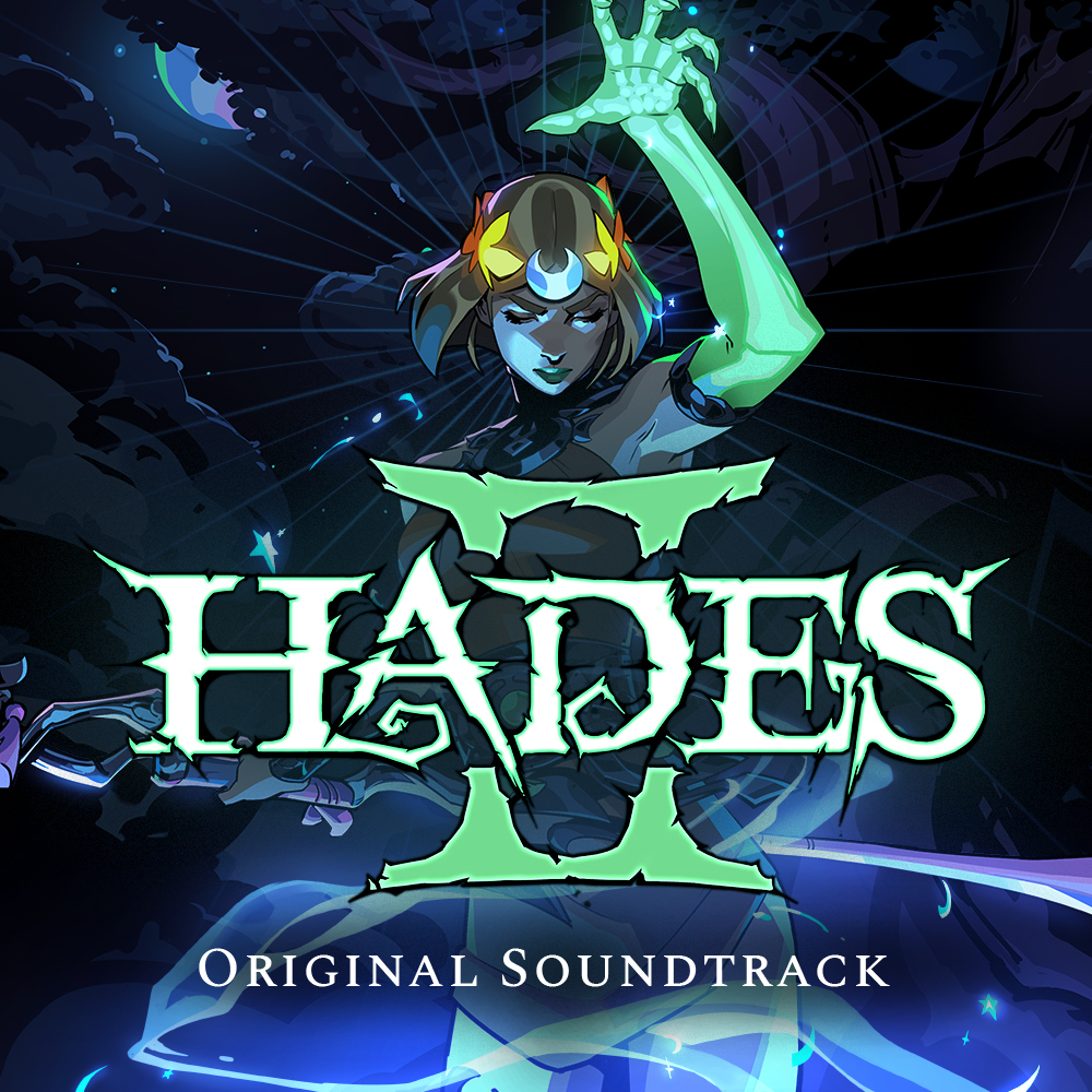 Hades II film müziği albümünün kapağı. Ay tacı takan bir kadın ve yeşil iskelet kolu, logo ve başlık altta.