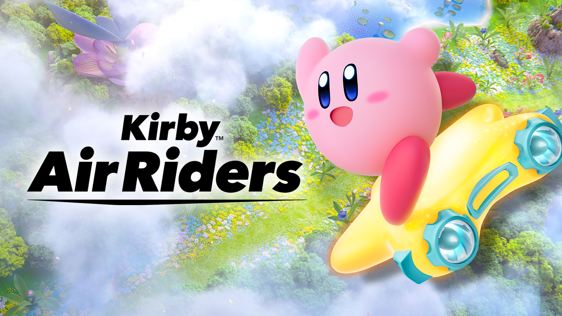 Kirby sarı bir araçta, gökyüzünde uçuyor. "Kirby Air Riders" oyununun başlığı sol alt kısımda.