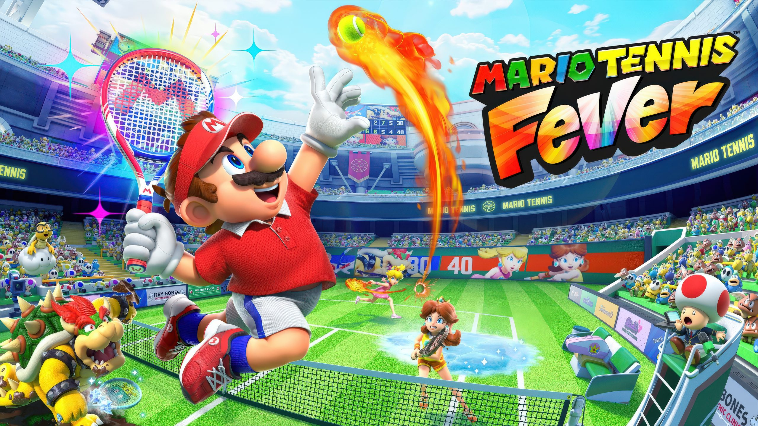 Tenis kıyafetli Mario, alevli bir tenis topuna vurmak üzere, diğer karakterlerle tenis kortunda, Mario Tennis Fever başlığı.