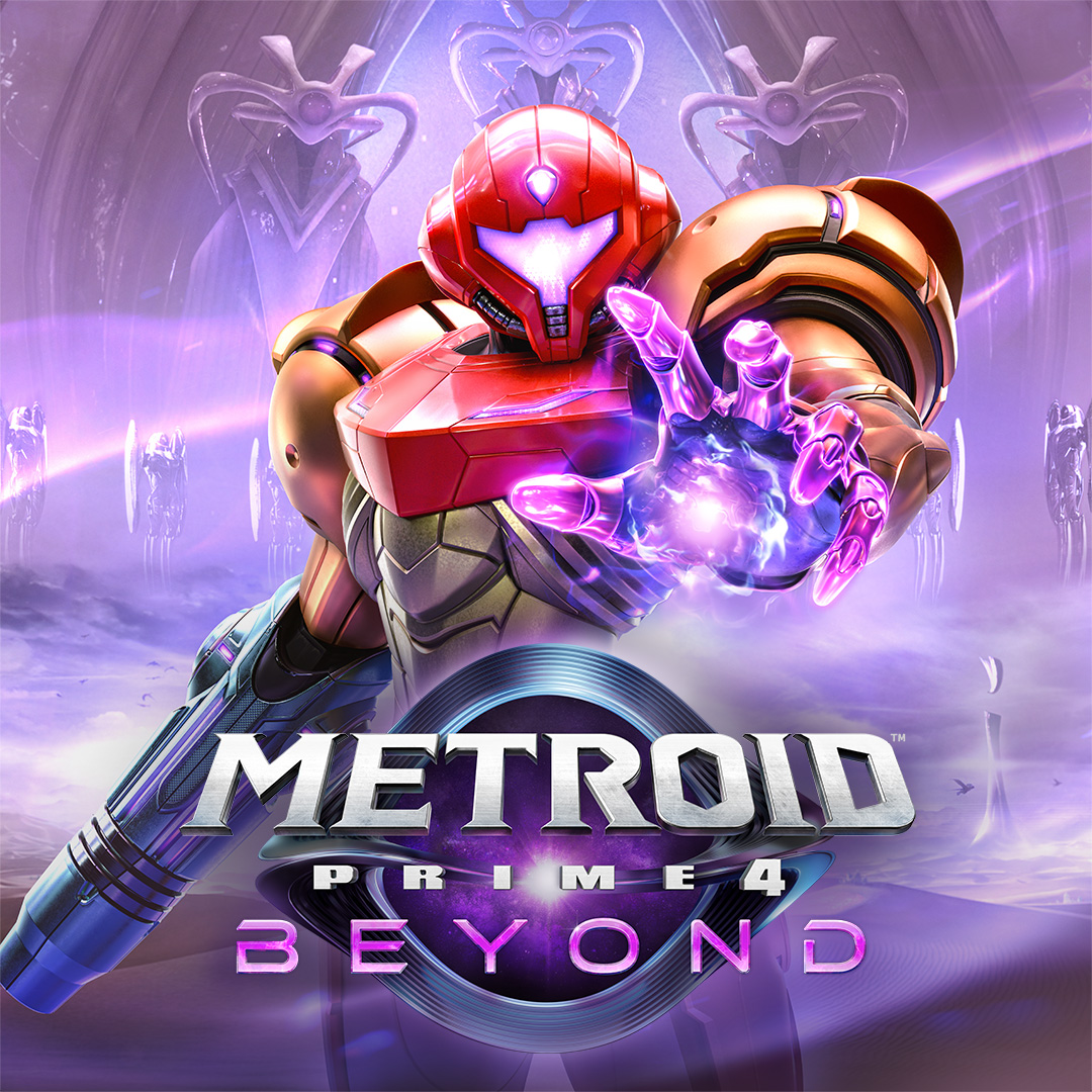 Kırmızı ve altın zırhlı fütüristik bir karakter parlayan bir elini uzatıyor. Görüntü, Metroid Prime 4 Beyond oyunu tanıtımıdır.