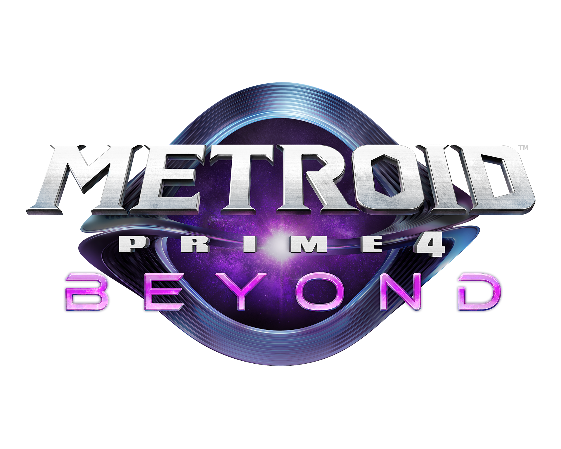'Metroid Prime 4: Beyond' logosu. Gümüş 'Metroid' metni, mor galaksi arka planı üzerinde, altında 'Prime 4' ve 'Beyond' yazıları.