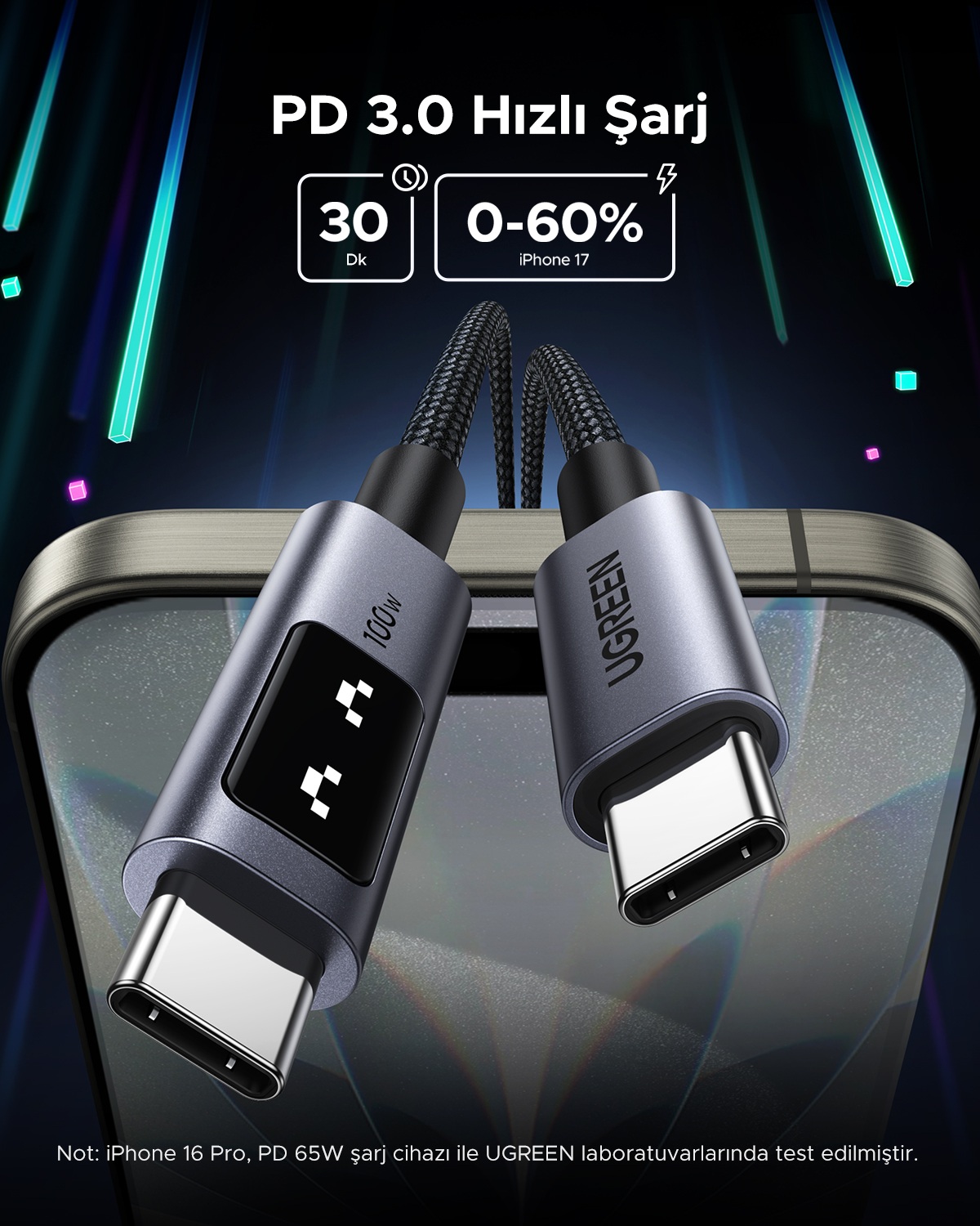 Görüntü, iki USB-C konektörlü bir şarj kablosunu gösterir. Metin, iPhone 17 için PD 3.0 hızlı şarj özelliğini belirtir.
