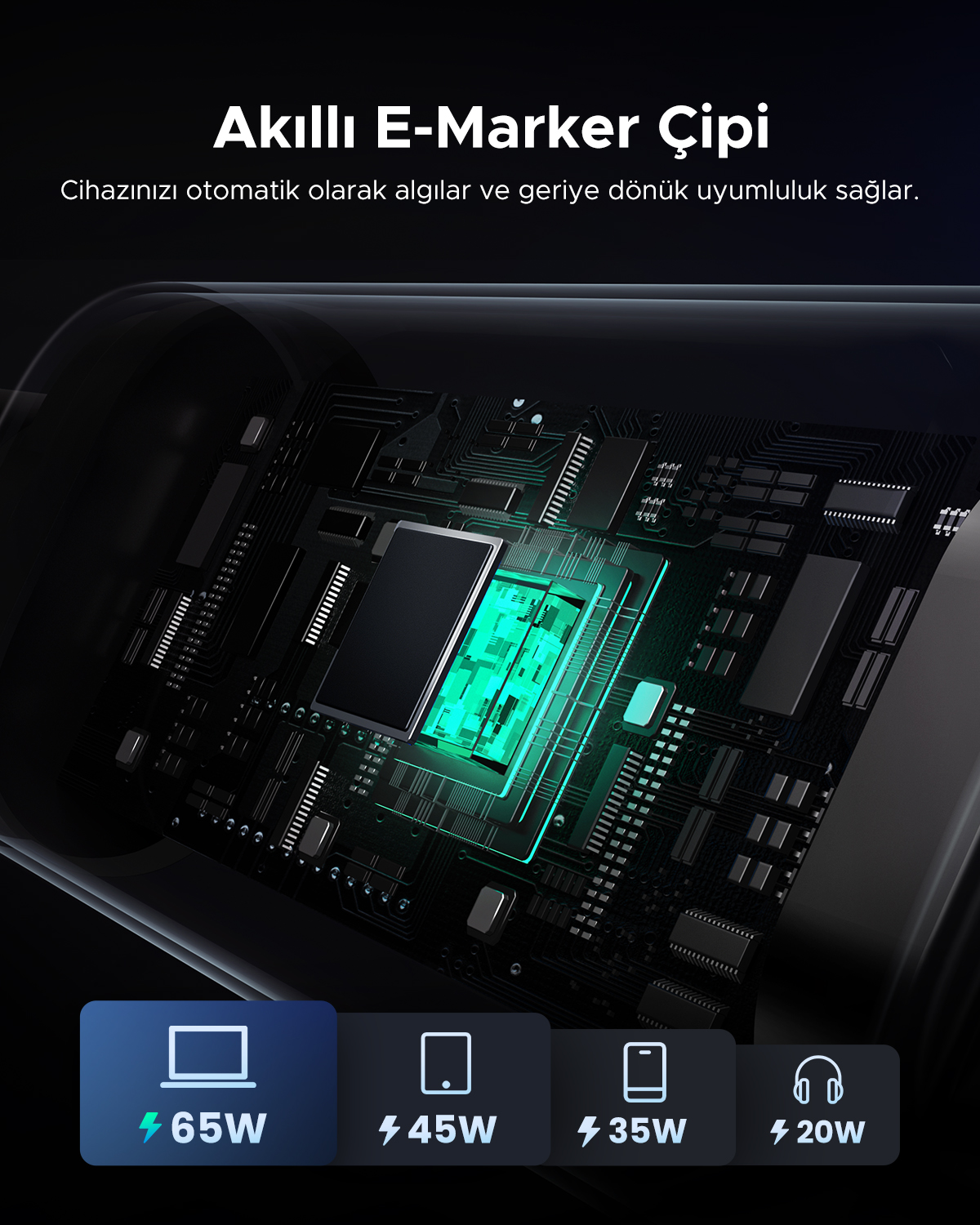 Görüntü, bir E-Marker çipi gösteriyor. Yeşil aydınlatmalı bir devre kartı var. Dizüstü bilgisayar, tablet, telefon ve kulaklık simgeleri mevcut.